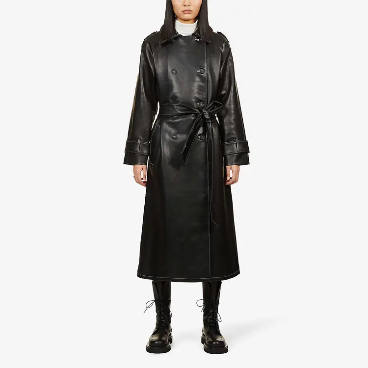 Mode eleganter europäischer Stil langer Lady-PU-Leder-Oberbekleidung Damen Damen Übergröße Doppelreihig veganer Leder Trenchcoat