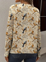 Pull en tricot ajouré à col en V pour femme, imprimé floral oiseaux, manches longues, décontracté, printemps