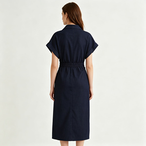 <span class=keywords><strong>Abito</strong></span> chemisier elegante in denim da donna, con vita arricciata, lunghezza <span class=keywords><strong>midi</strong></span>, maniche corte e bottoni - Product Image 4