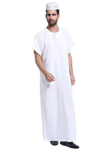 Tuta Lunga Estiva da <span class=keywords><strong>Uomo</strong></span> Musulmano Arabo in Poliestere Morbido Tinta Unita con Ricamo Frontale a Maniche Corte e Scollo a O, Vestibilità Ampia, per Commercio all'Ingrosso - Product Image 5