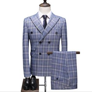 Tuta da uomo doppio petto 3 pezzi tuta da Jogging tuta <span class=keywords><strong>blu</strong></span> Plaid Tech abiti da uomo abiti da lavoro formali - Product Image 1