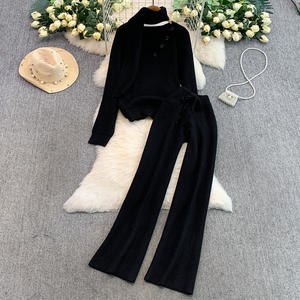 女式v领围裙高腰长裤优雅休闲2件套女士风格两件套女士套装 - Product Image 2