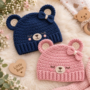 Gorro de Punto de Invierno con Orejas de Oso para Bebé, Gorro de Ganchillo Unisex Ajustable para Exteriores - Product Image 1
