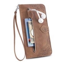 Étui en cuir avec fermeture éclair et plusieurs emplacements pour cartes, motif floral, pour Samsung Galaxy S25 Plus Edge S24 FE S23 Ultra A07 A17 A37 A57