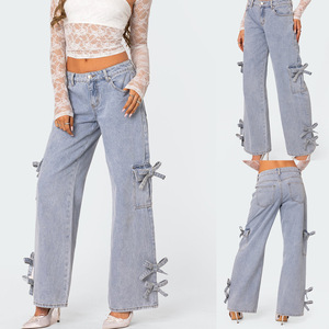 Pantalones vaqueros cargo azul claro para mujer al por mayor con lazos de cinta, de tiro bajo y pierna ancha, estilo coquette Y2K, <span class=keywords><strong>jeans</strong></span> streetwear - Product Image 1