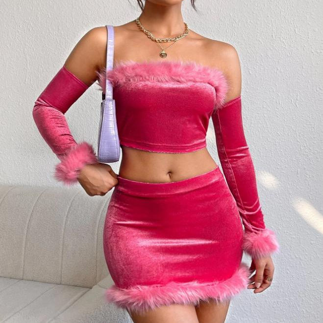 New Arrival High Quality Fuzzy Trim Crop Top Skirt Set Top Fashion Hot pink  Strapless Sexy Velvet Two Piece Set for Women