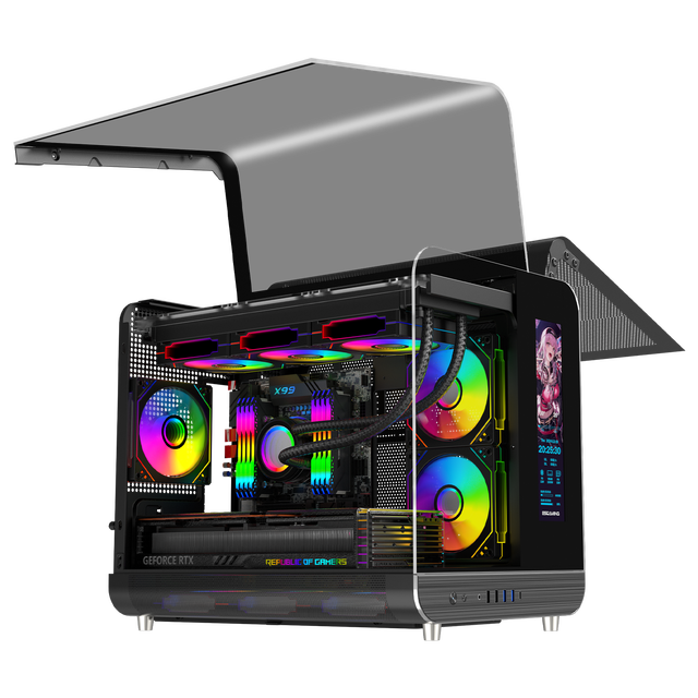 ESGAMING Airplane Open Door Micro ATX ITX Pc Case Mid Tower Tempered Glass Gaming Computer Cases & Towers With Screen Display