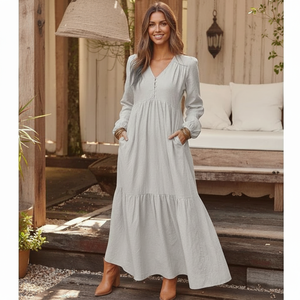 Abito Bohémien da <span class=keywords><strong>Donna</strong></span> con Bottoni, Plissettato, a Maniche Lunghe, Casual, <span class=keywords><strong>Taglie</strong></span> Forti, con Cintura - Set Abito Bohémien - Product Image 1