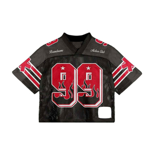Maillot de football en mesh noir à motif flamme - T-shirt de football coupe ample avec imprimé flamme numéro 99 - Product Image 1