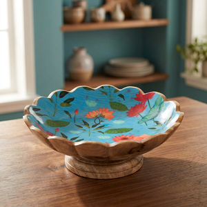 Handmade Wooden <b>Bowl</b> Scalloped Edge Hand Painted Lotus Flower Design <b>Blue</b> Tableware Latest Design Unique Style Customized <b>Bowl</b> - Product Image 1