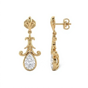 Boucles d'oreilles pendantes Fleur de Lys vintage en or 14 carats avec diamant poire de laboratoire, serties clos, de luxe, pour femme - Product Image 3
