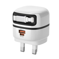Adaptador de Cargador 3 en 1 con Enchufe de 3 Pines del Reino Unido, Cargador de Pared con Carga Rápida Tipo C de 65 W y Cable Retráctil para iPhone y Samsung