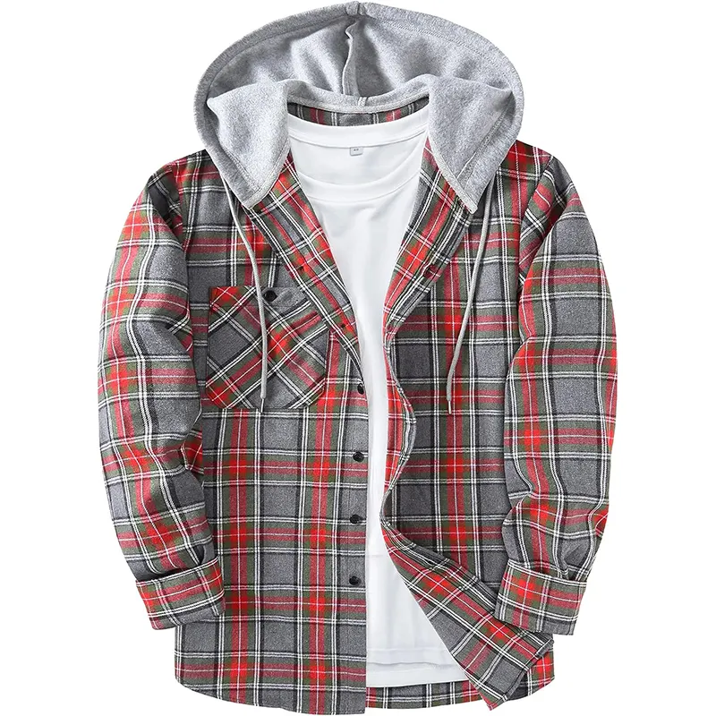 High quality factory plus size casual pocket shirt fashion men's plaid hoodie fleece flannel shirts jackets