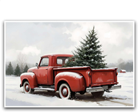 Tableau mural vintage camion rouge et sapin de Noël enneigé, scène forestière hivernale, toile encadrée, décoration de ferme pour les fêtes