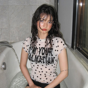 Camiseta de Mujer con Estampado de Lunares y Malla, Estampado Digital, Transparente, Ajustada, de Manga Corta, Estilo Urbano Americano, para Combinar - Product Image 4