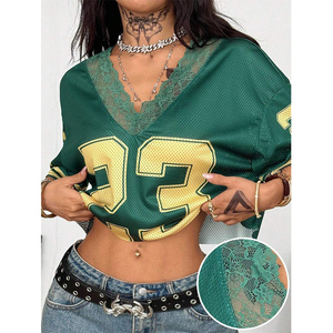 Women Sportwear Polyester Football Jersey Classic Number T-shirt Lace Patchwork V-Neck Sexy <strong>Crop</strong> <strong>Tops</strong> Custom Lace Neck T-Shirt - Product Image 5