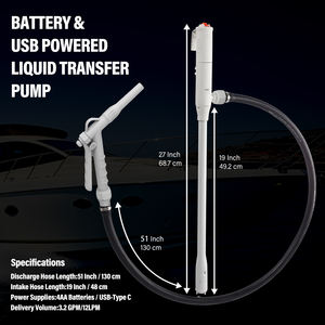 Pompe de transfert de liquide basse pression portable à moteur CC alimentée par USB, débit de 3,2 GPM, commande manuelle, personnalisable OEM, automobile - Product Image 3