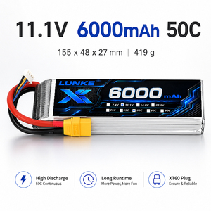11.1V 50C 6000mAh แบตเตอรี่ลิโป้กระแสไฟคงที่ทนทานสำหรับโดรนแข่งเอฟพีวี อาร์ซีอุปกรณ์บิน 102050 - Product Image 1