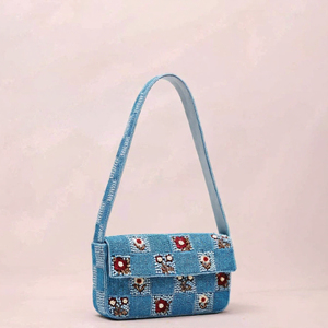 Bolso de Noche Azul con Cuentas y Flores, Bolso de Hombro Bordado Floral para Fiesta, Boda, Regalo - Product Image 3