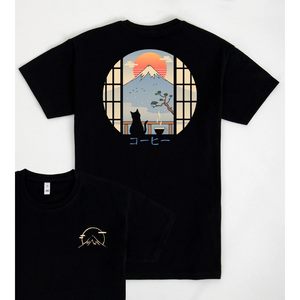 T-shirt Coffee Cat Mt Fuji Nera Unisex con grafica di ispirazione giapponese - Product Image 1