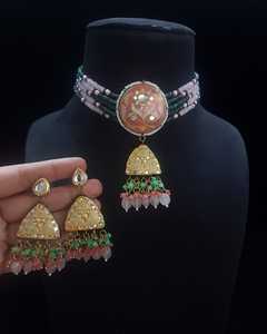 Traditional Kundan Pearl Choker Necklace Set with <b>Green</b> Beads - Gold Plated Bridal <b>Jewellery</b> for Weddings & Festivals - Product Image 3