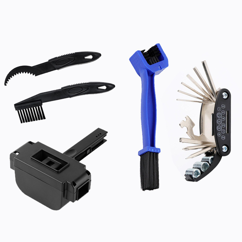 Limpiador de cadenas, cepillo negro para cadenas, cepillo pequeño azul, herramienta 16 en 1.