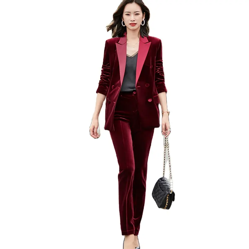 High-quality Velvet Fabric Business Pant Suit 2 Piece Set for Women Fashion Jacket and Trouser Double Breasted Office Lady Style