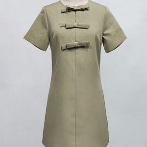 Wholesale Customized OEM ODM High Quality Autumn Natural Waist Midi Length Solid Color O-Neck Short Sleeve Casual <b>Dresses</b> - Product Image 5