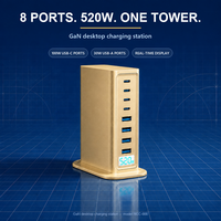 Chargeur GaN 520W, station de bureau 8 ports, 4C PD100W 4A QC30W, affichage en temps réel AI, chargez 8 appareils pour ordinateur portable