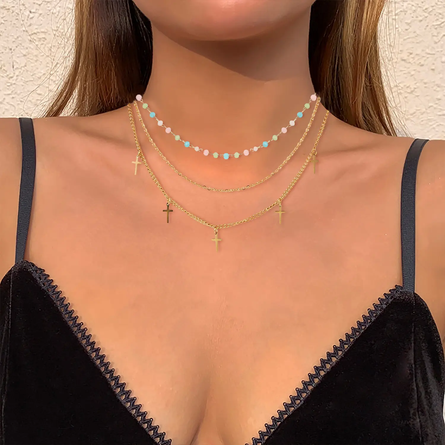 three layered colorful cross necklace bead 18k sterling silver gold stainless steel pearl cross tassel chain necklace
