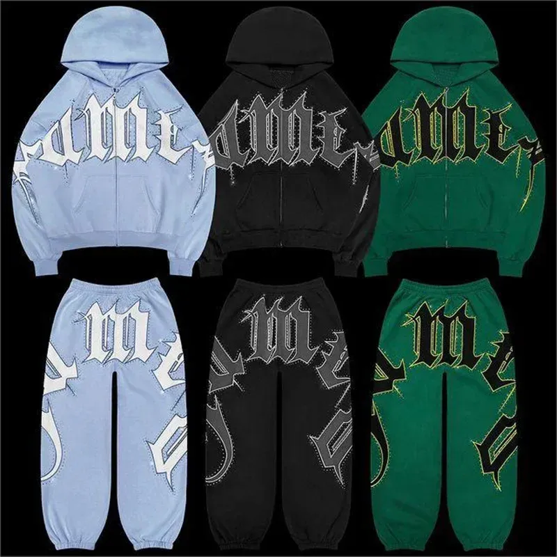 Custom logo y2k puff printing oversized zip up hoodies men streetwear high quality blank sweatpants and hoodie set men