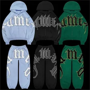 Custom Logo Y2k Puff Printing Oversized Zip Up Hoodies Men Streetwear High Quality Blank Sweatpants And Hoodie Set Men