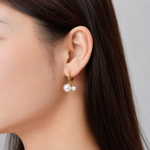 Boucles d'oreilles créoles à grappe de perles en acier inoxydable plaqué or 14K sous vide, imitation perle, double goutte, style Huggie - Product Image 5