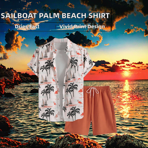 เสื้อเชิ้ตฤดูร้อนลำลองพิมพ์ลาย 3 มิติรูปเรือใบชายหาดต้นปาล์ม กระดุมแถวเดียว ผ้าถัก บริการ OEM - Product Image 2