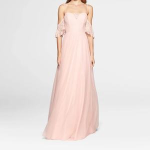 Robe de soirée pour femme, style robe de cérémonie, avec manches en dentelle à épaules dénudées, en mousseline, coupe droite, pour demoiselles d'honneur, au design attrayant - Product Image 1