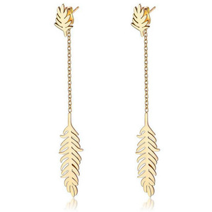 Pendientes de Hoja con Cadena Larga de Acero Inoxidable Dorado, Diseño Geométrico de Planta, Joyería de Moda - Product Image 1
