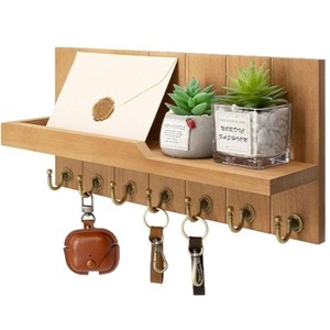 Wooden Wall Mounted Key Rack With <b>Shelf</b> Storage Organizer For Entryway Living Room Decorative <b>Hooks</b> For Keys And Mail - Product Image 2