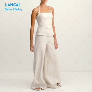 ชุดเสื้อผ้าลินิน2ชิ้นสำหรับผู้หญิงชุดเอวลอยและกางเกงทรงหลวมขากว้างแบบปรับแต่งได้ตามต้องการ - Product Image 2