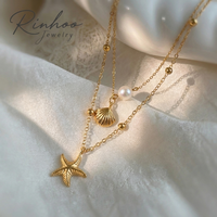 Collier double couche RINHOO minimaliste en acier inoxydable 316L plaqué PVD 18 carats avec pendentif étoile de mer et coquillage, chaîne en bambou, bijoux pour femmes