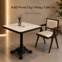 Ensemble de salle à manger, surface en pierre frittée blanche avec bordure en bois massif, chaise rembourrée pour salon de thé, jazz bar et usage en salon