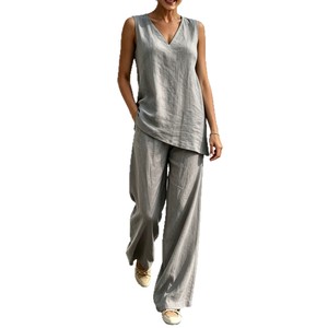 Women's Casual V-neck Sleeveless Cotton <b>Linen</b> Top And Wide Leg Pants Two Piece <b>Set</b> Smlxlxxl3xl Solid Color - Product Image 5