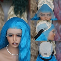 Wig sintetis HD Futura Fiber Premium 13X4 Lace Front warna biru hijau gelombang air tahan panas, natural dan realistis, tersedia grosir