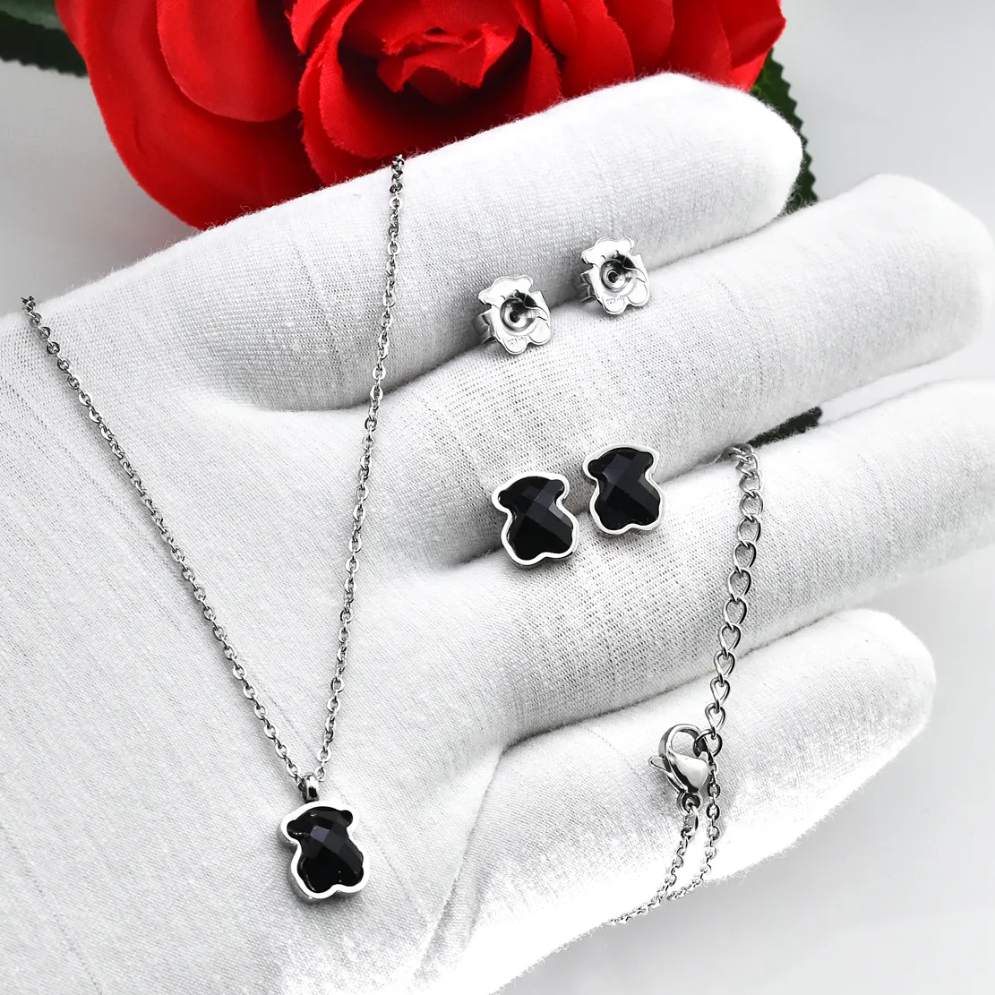 Brincos de urso de gema preta, alta qualidade, aço inoxidável 316, joias, moda de festa, colar, conjunto