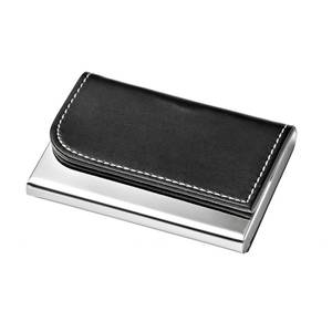 Porte-cartes de visite en métal et cuir PU noir avec surpiqûres blanches pour hommes et femmes, usage professionnel - Product Image 1