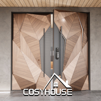 Porte d'entrée design en bois géométrique moderne à double battant, porte pivotante en bois architecturale sur mesure