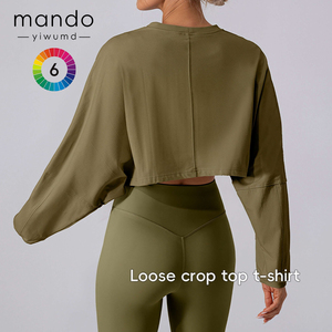 T-<span class=keywords><strong>shirt</strong></span> court ample en <span class=keywords><strong>coton</strong></span> modal pour <span class=keywords><strong>femme</strong></span>, col rond, épaules tombantes, tendance TikTok, pour le yoga et la remise en forme - Product Image 3