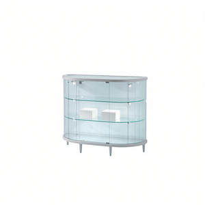 Vitrine semi-ovale en verre trempé, largeur 115 cm, porte à charnières verrouillable, éclairage LED, étagères réglables en hauteur, blanc brillant - Product Image 2