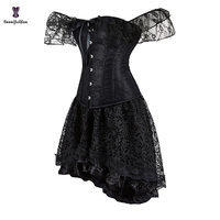 14 Glue Boned Plus Size Lace Halloween Cosplay Black Overbust Korsett Women Victorian Corset Top Gothic Skirt Set Shapewear