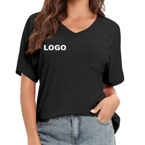 Aangepaste Logo Polyester Vrouwen Hoge Kwaliteit Slim Fit Shirt Korte Mouw T-Shirt Met Zak Op Borst V-Hals T-Shirt Vrouwen