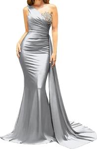 فساتين سهرة فاخرة بقصة حورية البحر براقة ذات طيات وفتحة جانبية عالية مثيرة، فستان حفلات مكشوف الكتفين من الساتان مناسب لحفلات العروس - Product Image 5